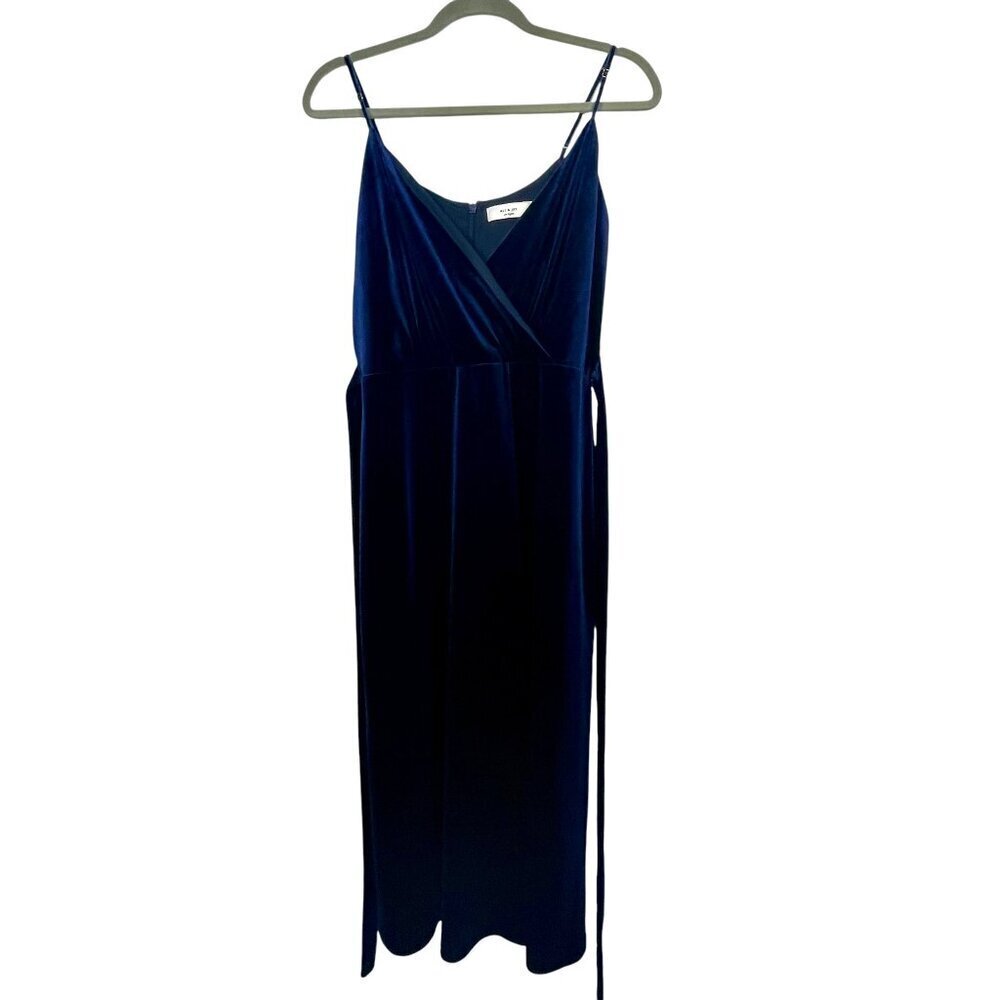Ali & Jay Navy Velvet Faux Wrap Tie Waist Midi Dress Adjustable Straps L - Picture 2 of 16